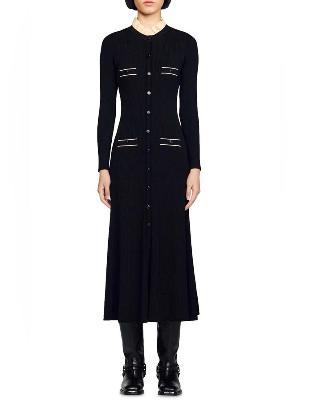 Sandro Black Long Ribbed Button-Front Dress with Cream Trim NWT size 38